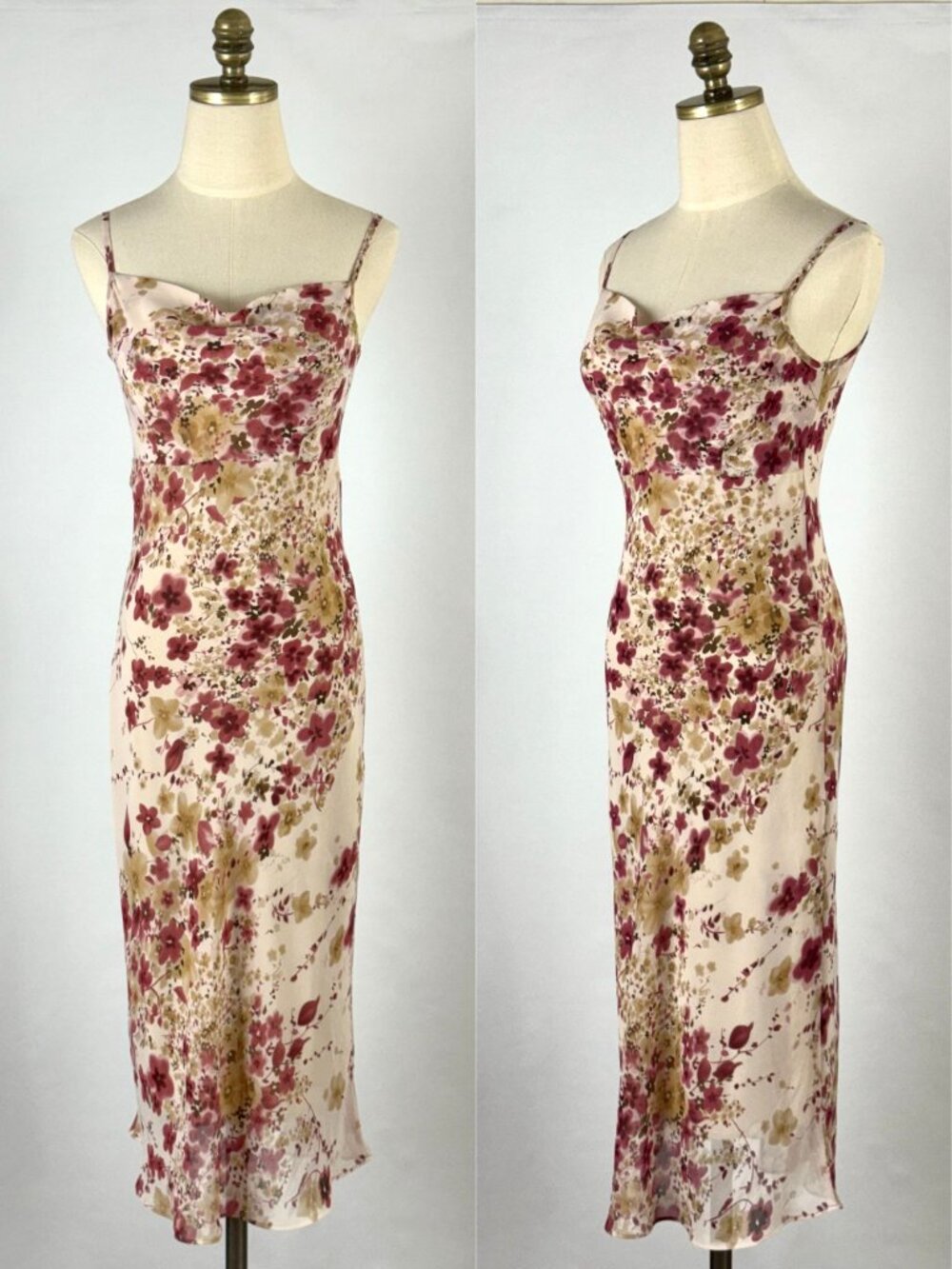 Vtg Y2K Pink Floral Bias Cut Slip Dress Cowl Neck Cherry Blossoms Coquette Fairy